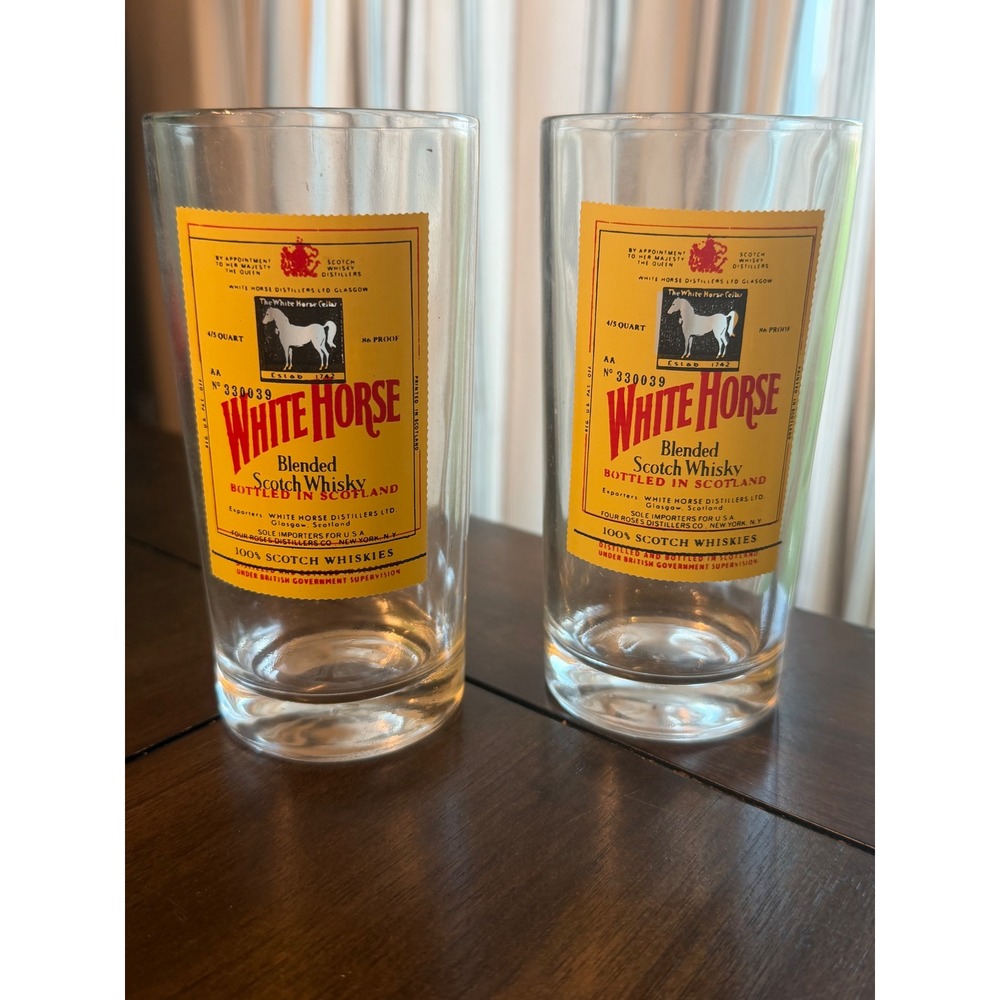 Vintage White Horse Scotch Whisky Highball Glasses Set of 2 Yellow Label Barware